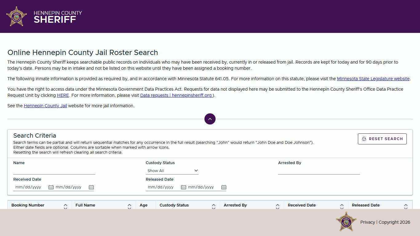 Hennepin County Sheriff - Jail Roster